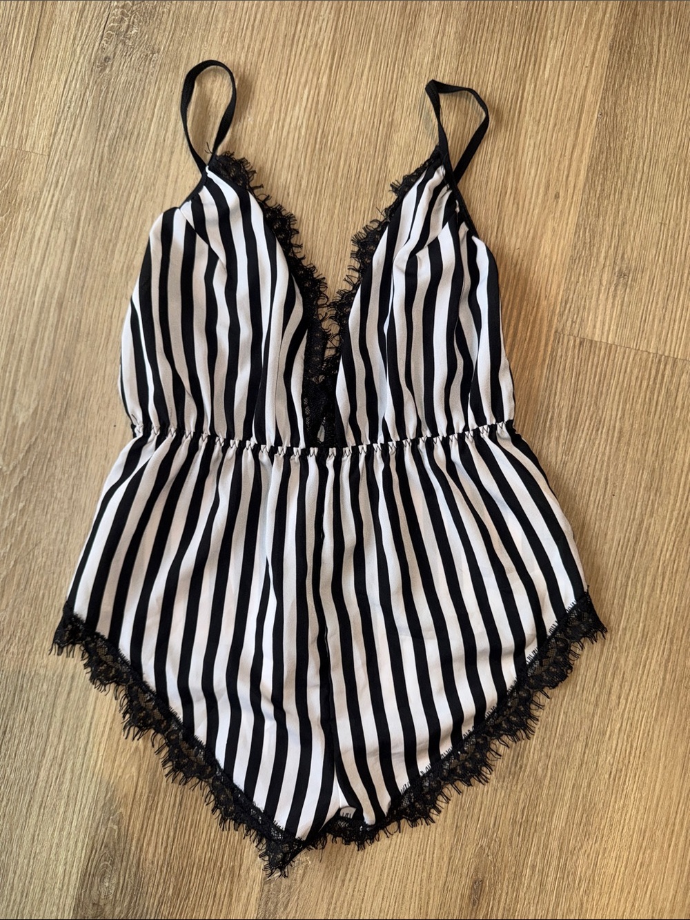 Black & White Striped Lace-Trim Spaghetti Strap V Neck Romper / Sexy Pajamas